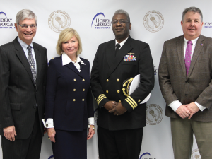 (Left to right) HGTC Associate Professor Stan Greenawalt, HGTC President Dr. Marilyn Fore,
United States Navy Executive Officer Jeffrey Williams, and Mission Assurance Division Deputy Joseph Henline